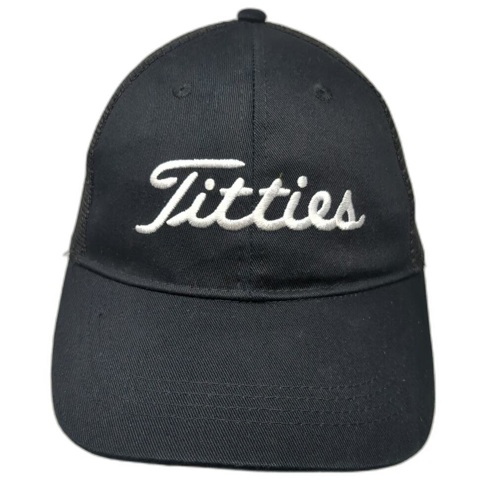 Spencer's Trucker Hat Black One Size Titties Cursive Script Logo Mesh Snapback